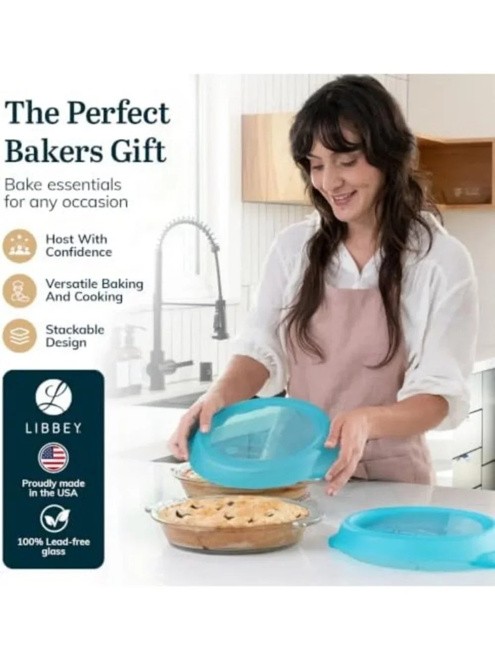 Stackable Glass Pie Plate Set - 2 Piece Casserole Dish with Lids, Space Saving